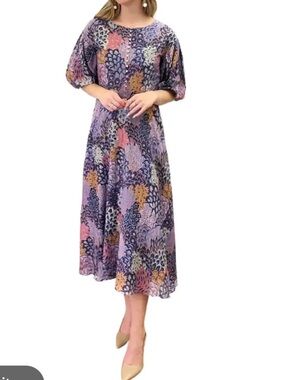 Atelier Purple Floral Midi Dress with Puff Sleeves